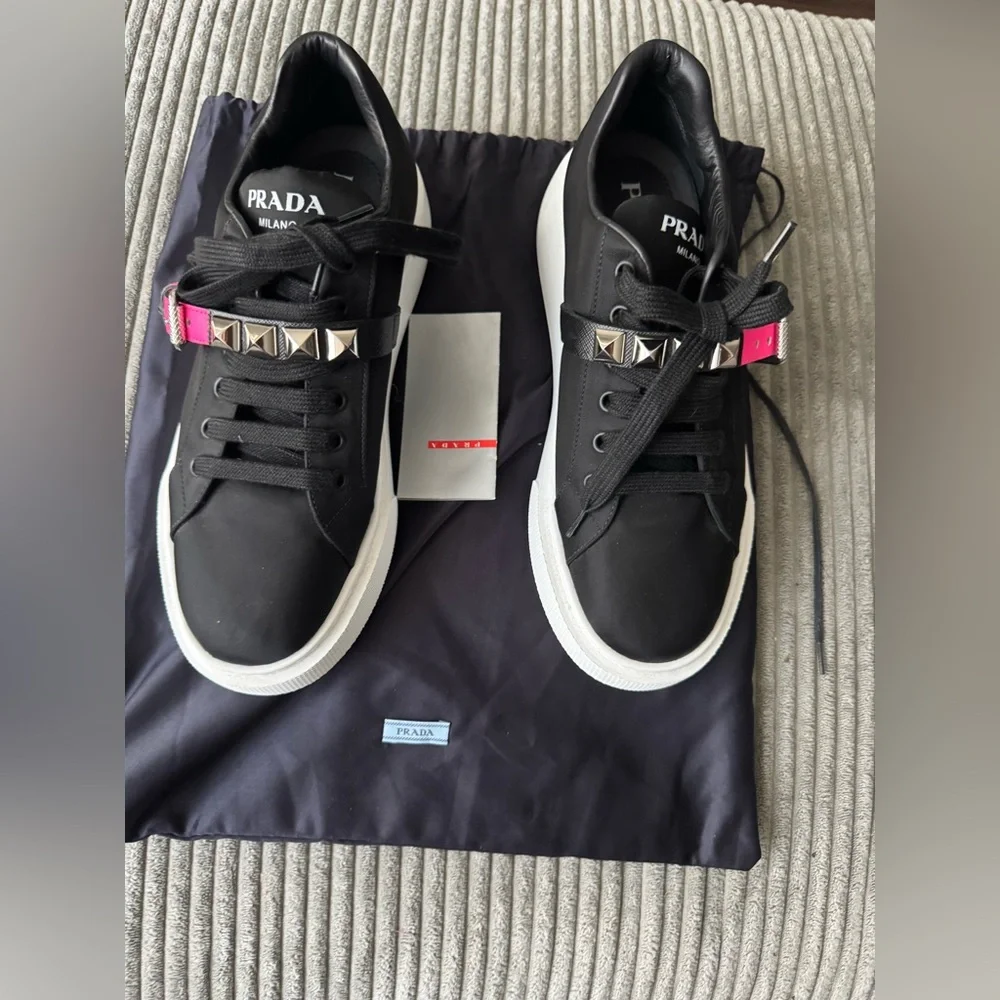 New 💯 Authentic Prada sneakers black white pink studded size 40
